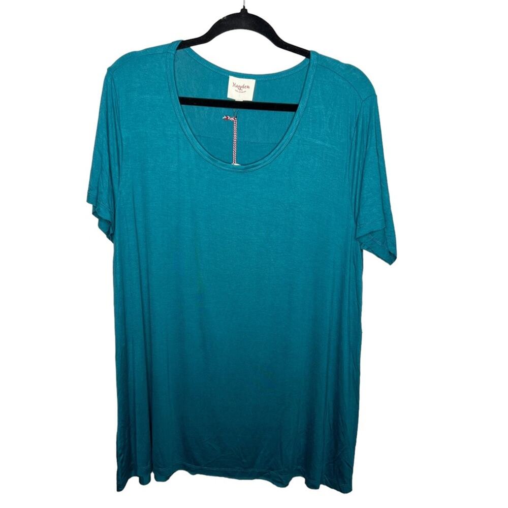 HAYDEN / teal blue short sleeve fringe back oversized tunic tee / XL